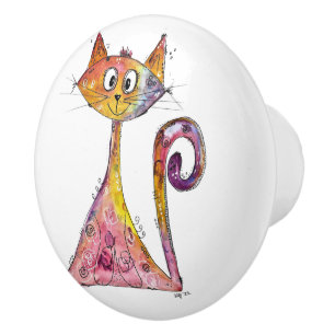 Bouton De Porte En Céramique Chat rose mignon et capricieux