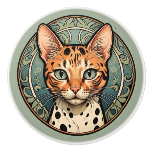Bouton De Porte En Céramique Chat tacheté Art Nouveau