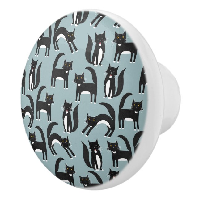 Bouton De Porte En Céramique Chat Tuxedo noir et blanc (Droite)
