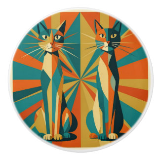 Bouton De Porte En Céramique Chats Art Déco en éventail Orange et sarcelle