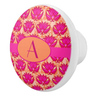 Bouton De Porte En Céramique Chaud rose orange Art nouveau Damask Monogramme