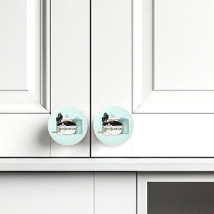 Bouton De Porte En Céramique Chef pâtissier Chat Bleu