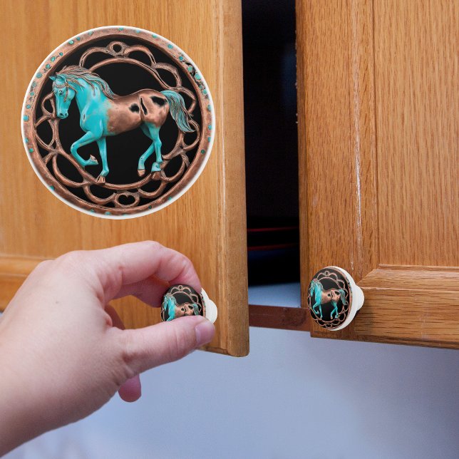 Bouton De Porte En Céramique Cheval Cuivre et Turquoise en noir (Créateur téléchargé)
