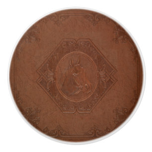 Bouton De Porte En Céramique Cheval encadré en cuir Vintage Brown