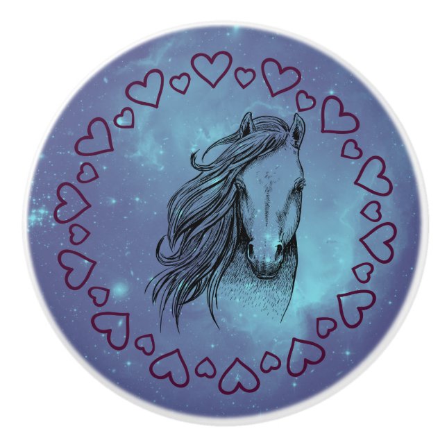 Bouton De Porte En Céramique Cheval et Coeurs Galaxy (Devant)