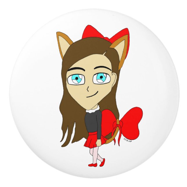 Bouton De Porte En Céramique chibi catgirl (Devant)