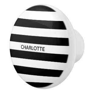 Bouton De Porte En Céramique Chic rayures noir et blanc nom personnalisé monogr