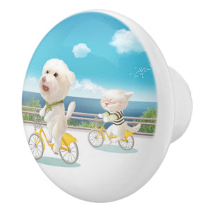 Bouton De Porte En Céramique Chiens et chats Vélo en mer