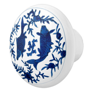 Bouton De Porte En Céramique Chinois vintage Poisson Koi Impression Bleu Blanc