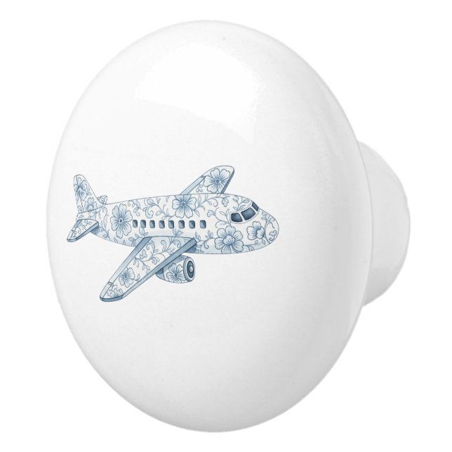 Bouton De Porte En Céramique Chinoiserie Avion Bleu (Droite)