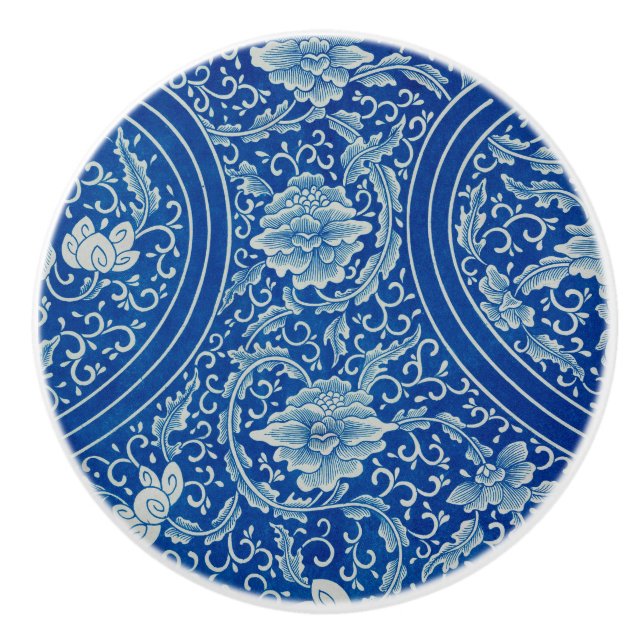 Bouton De Porte En Céramique Chinoiserie Classic Chinois Floral Cobalt Blue (Devant)