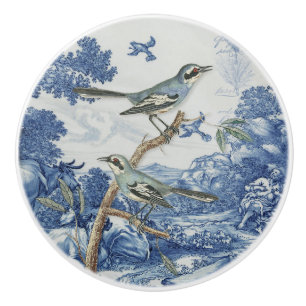 Bouton De Porte En Céramique Chinoiserie Floral Bleu Toile Blanche Script Colla