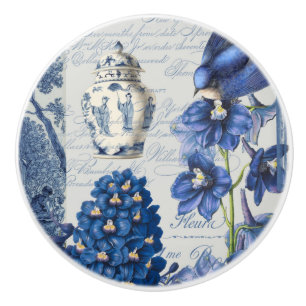 Bouton De Porte En Céramique Chinoiserie Floral Delft Bleu Blanc Ginger Jar
