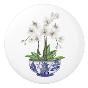 Bouton De Porte En Céramique Chinoiserie Orchidée Blanche 