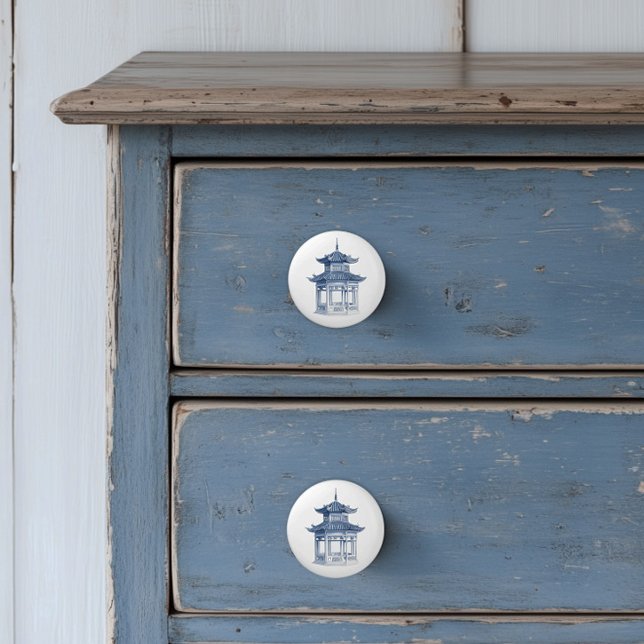Bouton De Porte En Céramique Chinoiserie Pagode (Blue Pagoda Chinoiserie ceramic furniture knobs)