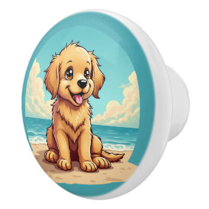 Bouton De Porte En Céramique Chiot doré mignon sur une scène de plage ensoleill