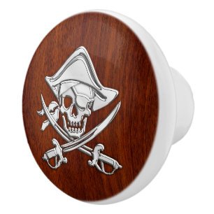 Bouton De Porte En Céramique Chrome Pirate sur le grain d'acajou nautique Impri
