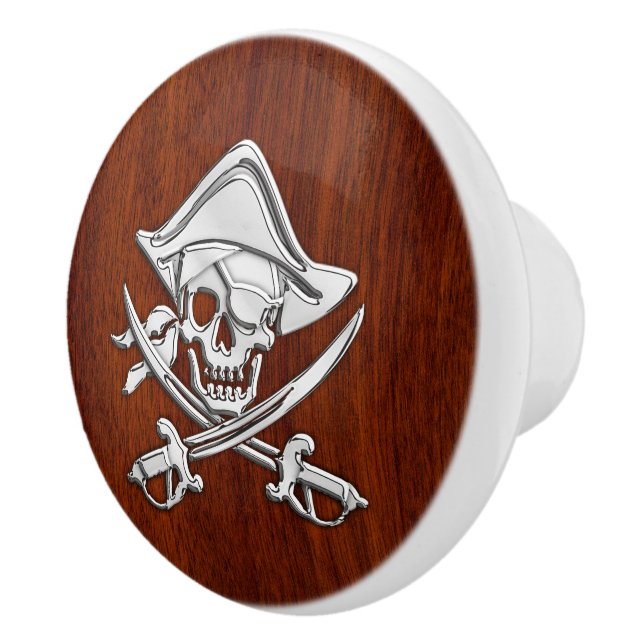 Bouton De Porte En Céramique Chrome Pirate sur le grain d'acajou nautique Impri (Droite)