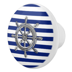 Bouton De Porte En Céramique Chrome Roue nautique sur Bleu de Marine Imprimer