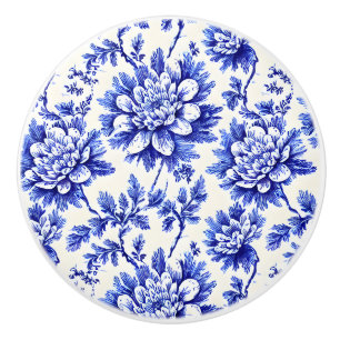 Bouton De Porte En Céramique Chrysanthème bleu et blanc Décor champêtre françai
