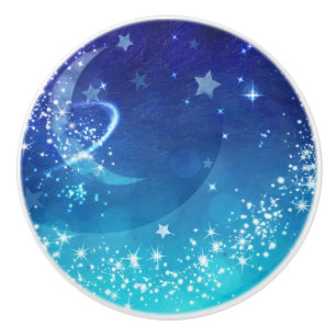 Bouton De Porte En Céramique Ciel Céleste Lune Étincelante & Étoiles Aquarelle