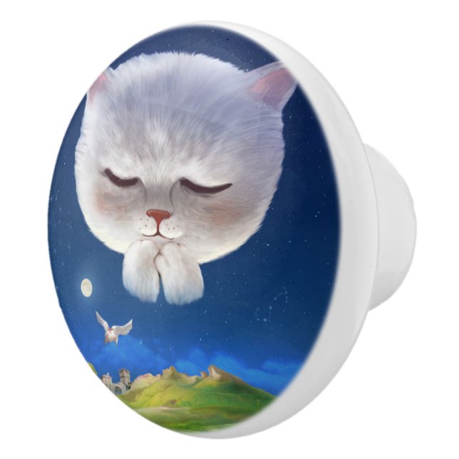 Bouton De Porte En Céramique Ciel nocturne avec chat (Droite)