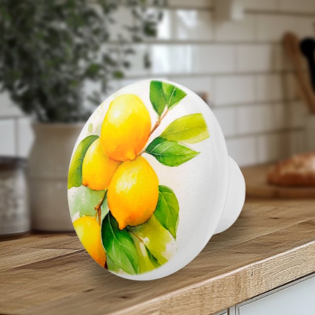 Bouton De Porte En Céramique Citrons d'aquarelle et Feuilles verts (Bright Lemons and Leaves Watercolor Artisan Knobs)