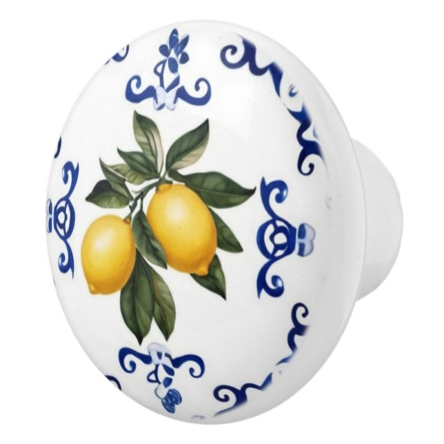 Bouton De Porte En Céramique Citrons méditerranéens avec bordure bleue et blanc (Droite)