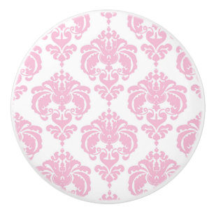 Bouton De Porte En Céramique Clair rose & blanc Damask Élégant Chic Chambre
