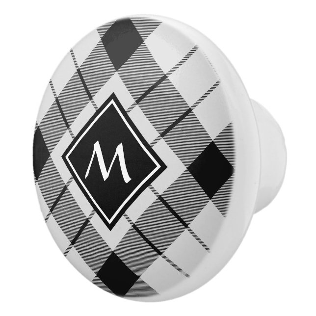 Bouton De Porte En Céramique Clan MacFarlane Tartan noir et blanc (Droite)