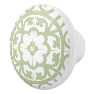Bouton De Porte En Céramique Classic Flower Line Art Floral Sage Vert & Blanc