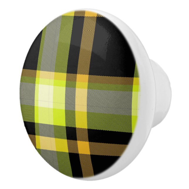 Bouton De Porte En Céramique Classique Tartan Plaid Jaune Noir Motif élégant (Droite)