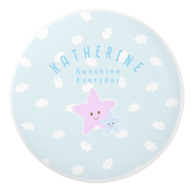 Bouton De Porte En Céramique Cloud Stars Baby Pastel Blue (Devant)