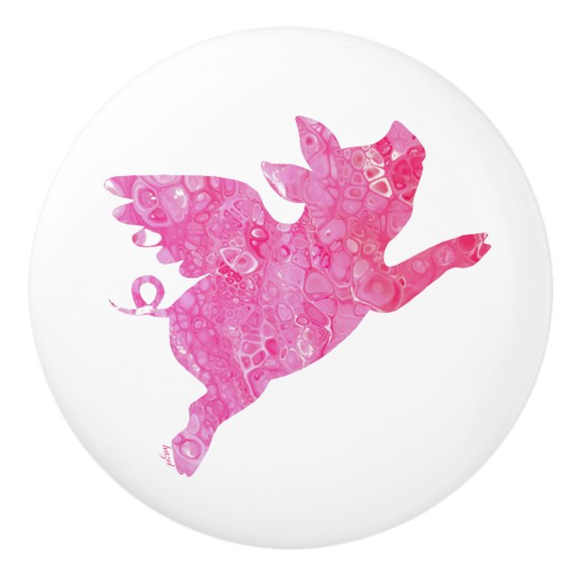 Bouton De Porte En Céramique Cochon Volant, Cochon Rose, (Devant)