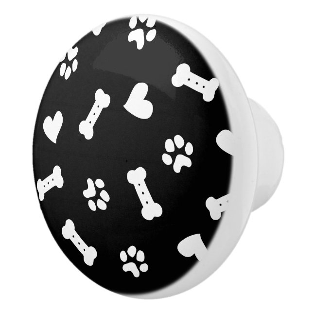Bouton De Porte En Céramique Coeur Chien Paws Et Os Noir  (Droite)