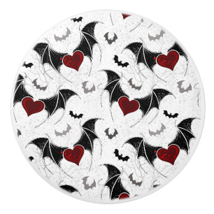 Bouton De Porte En Céramique Coeur d'Halloween avec ailes de chauve-souris noir