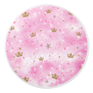 Bouton De Porte En Céramique Cœurs de Princesse Rose Couronnes Étoiles Paillett