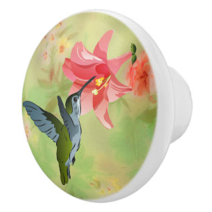 Bouton De Porte En Céramique Colibri et lis rose sur le motif floral