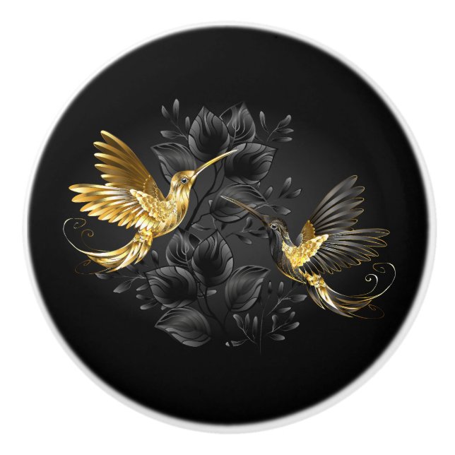 Bouton De Porte En Céramique Colibri noir et or (Devant)