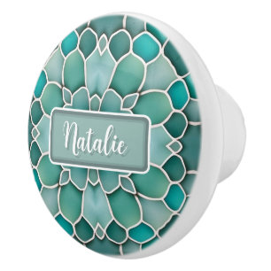 Bouton De Porte En Céramique Collage vert mer et verre aqua avec son nom