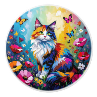 Bouton De Porte En Céramique Colorful Cat and Flowers