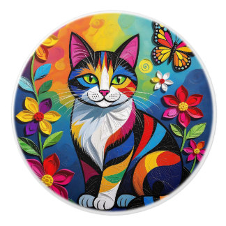 Bouton De Porte En Céramique Colorful Folk Art Cat