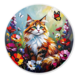 Bouton De Porte En Céramique Colorful Impasto Folk Art Cat