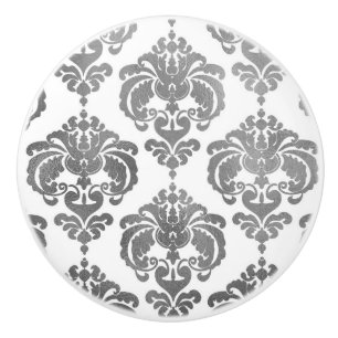 Bouton De Porte En Céramique Commode élégante en damas argenté et blanc pour ch