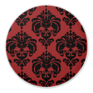 Bouton De Porte En Céramique Commode élégante en damassé rouge foncé et noir po