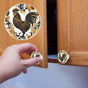 Bouton De Porte En Céramique Coq de ferme or et noir