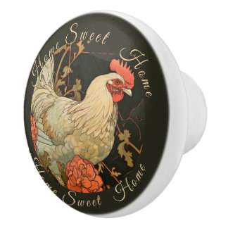 Bouton De Porte En Céramique Coq Floral Aquarelle Rustique Noir