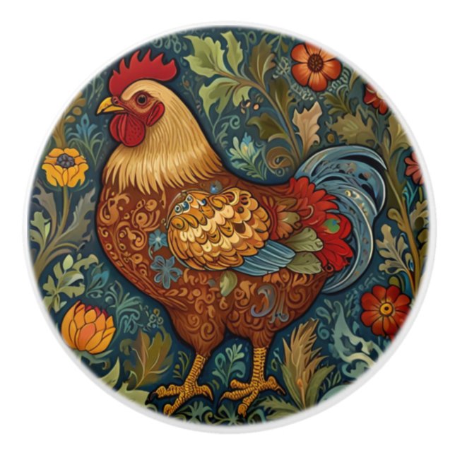 Bouton De Porte En Céramique Coq rétro chic poulet de campagne (Devant)