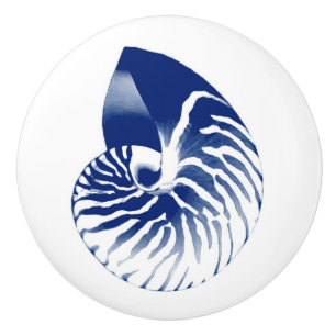 Bouton De Porte En Céramique Coquille de Nautilus - bleu marine et blanc