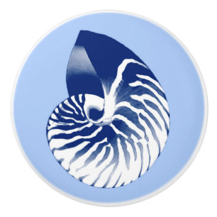 Bouton De Porte En Céramique Coquille de Nautilus - marine, blanc et bleu-clair